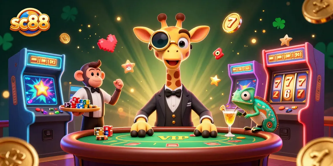 Engage at sc88 with a vibrant scene of a giraffe, monkey, and chameleon in a dynamic casino setting.