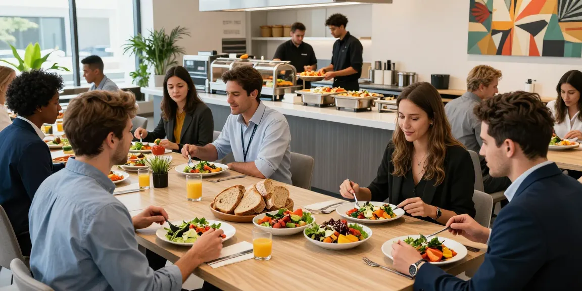 Gezellige bedrijfscatering ervaring met medewerkers die samen genieten van gezonde maaltijden door bedrijfscateraar CIRFOOD.