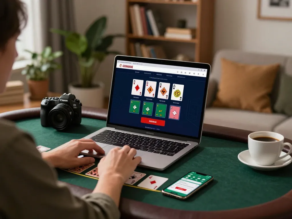 Engaging in online blackjack at nhà cái alo8 with a laptop setup in a cozy home office