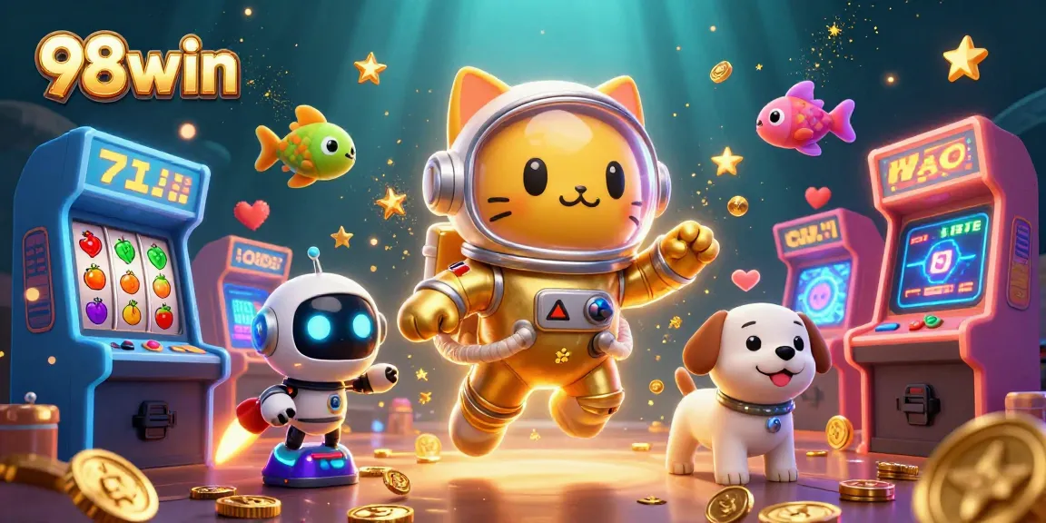 Experience the thrill of 98win with a vivid casino scene featuring a space astronaut cat and gaming elements.