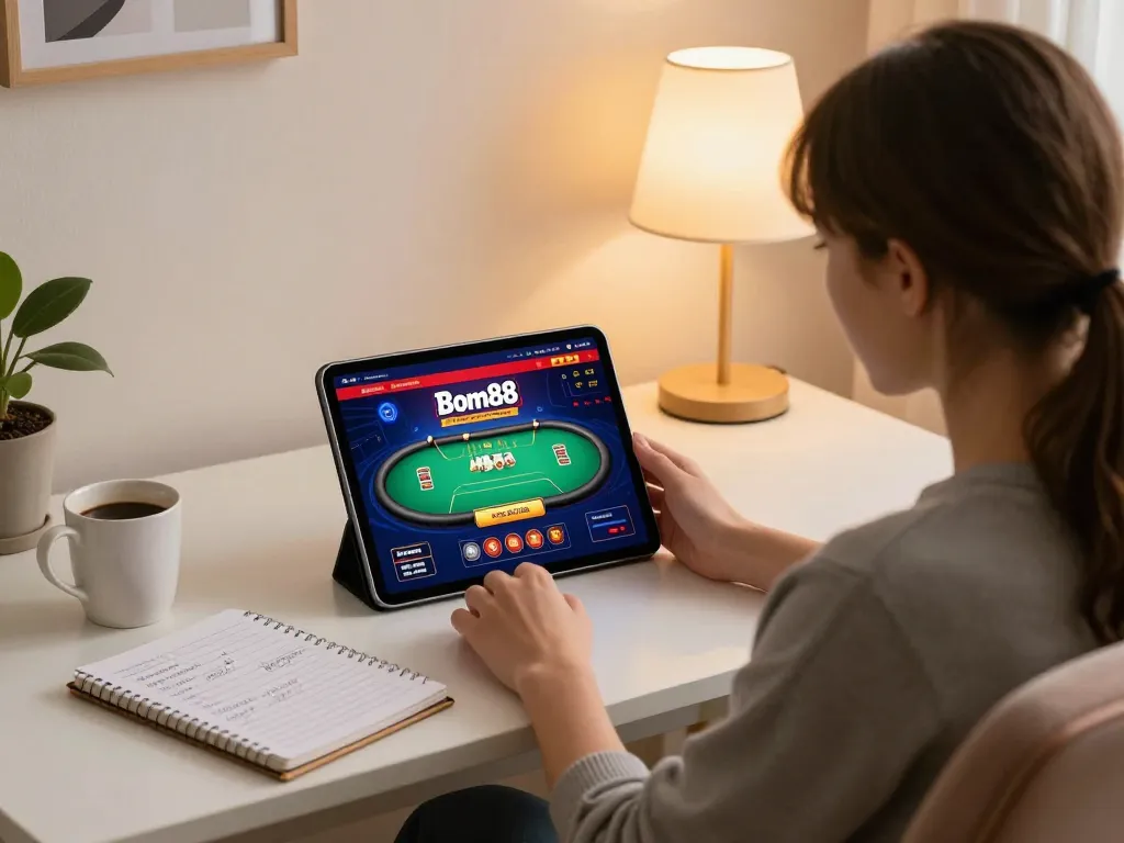 Engaging in online casino gaming through Bom88 app on tablet, showcasing strategic gameplay.