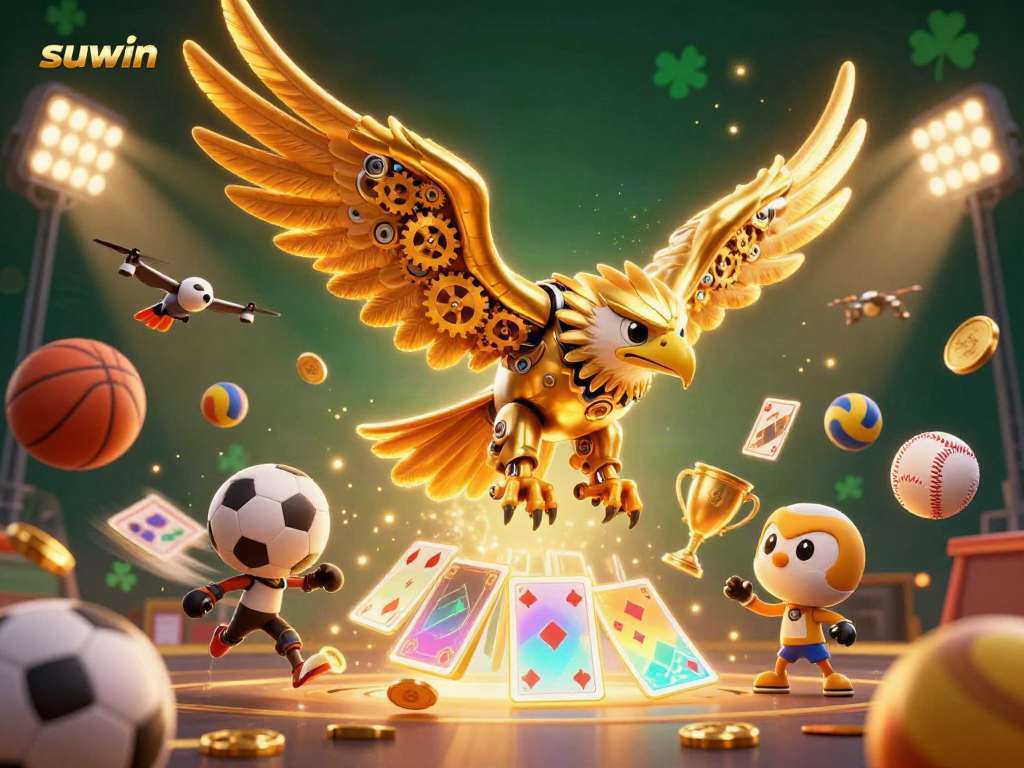 Suwin showcases thrilling casino dynamics with a cybernetic eagle, holographic cards, and vibrant sports elements.