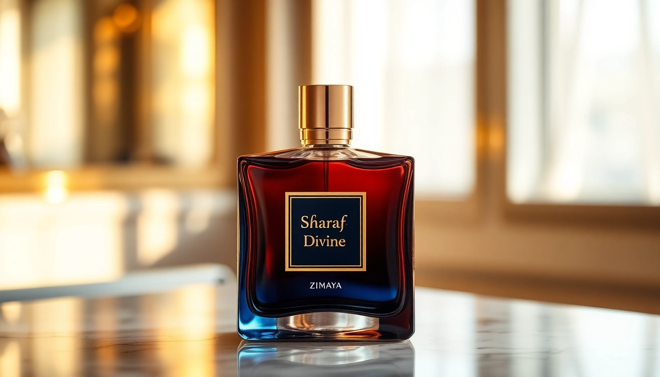 Showcasing luxury with Sharaf Divine by Zimaya fragrance bottle in an elegant setting.