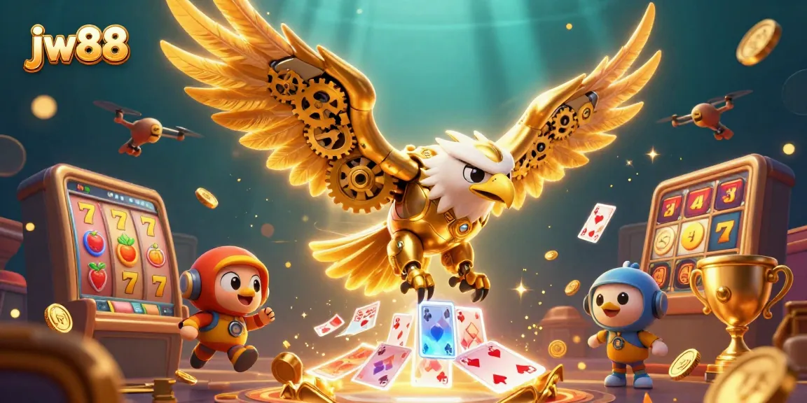 Experience thrilling gameplay at jw88 with a cybernetic eagle soaring through jackpot slots and casino elements.