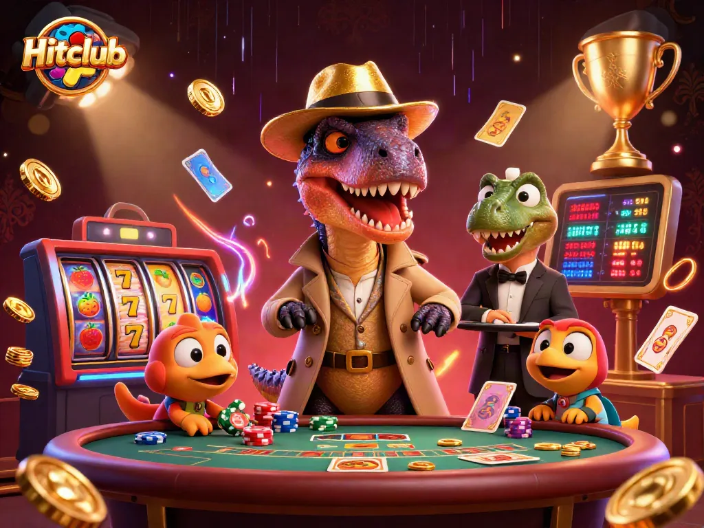 Hitclub showcases a card counter velociraptor at a blackjack table amidst vibrant casino elements.