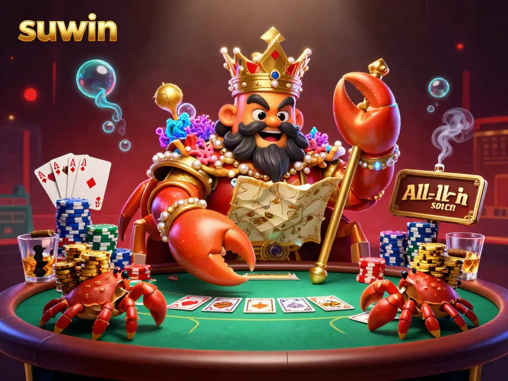 Suwin showcases vibrant poker gameplay with a golden crab emperor surrounded by chips and cards, exuding a lively casino atmosphere.