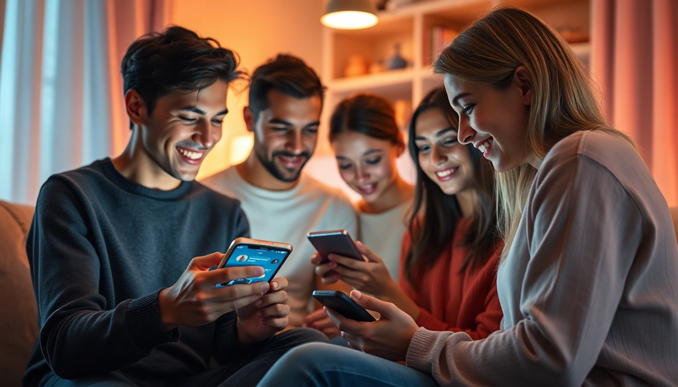 A diverse group engaging with sexting AI chatbots on their devices in a cozy setting.