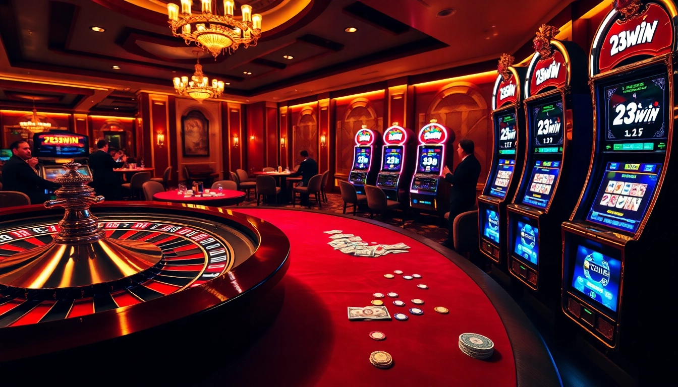 Experience thrilling gambling action at 23win's luxurious casino, showcasing roulette and poker excitement.