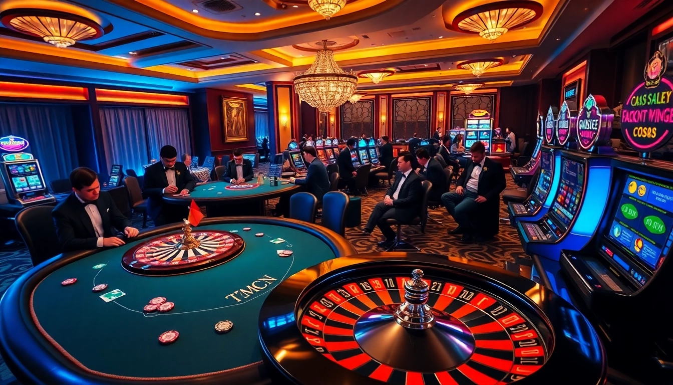 Experience the thrill of 7mcn in a vibrant casino atmosphere with poker tables and roulette wheels.