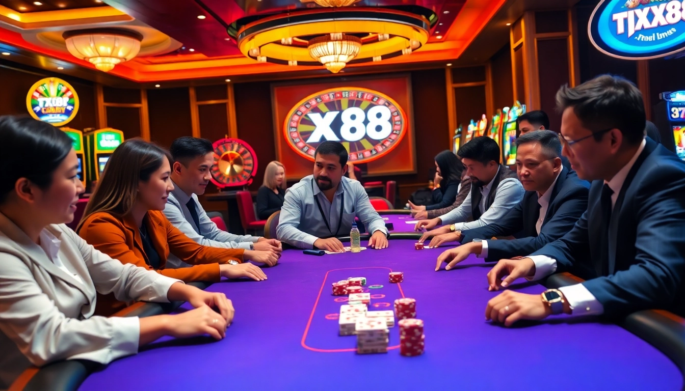 Players enjoying the excitement of TX88 online gaming with colorful poker chips and cards.
