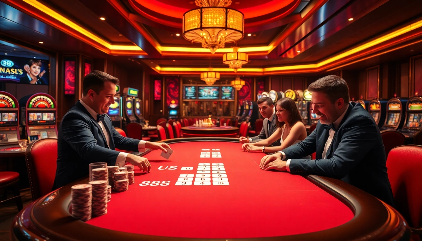 Players enjoying an exciting poker game at U 888 casino, surrounded by vibrant gaming elements.