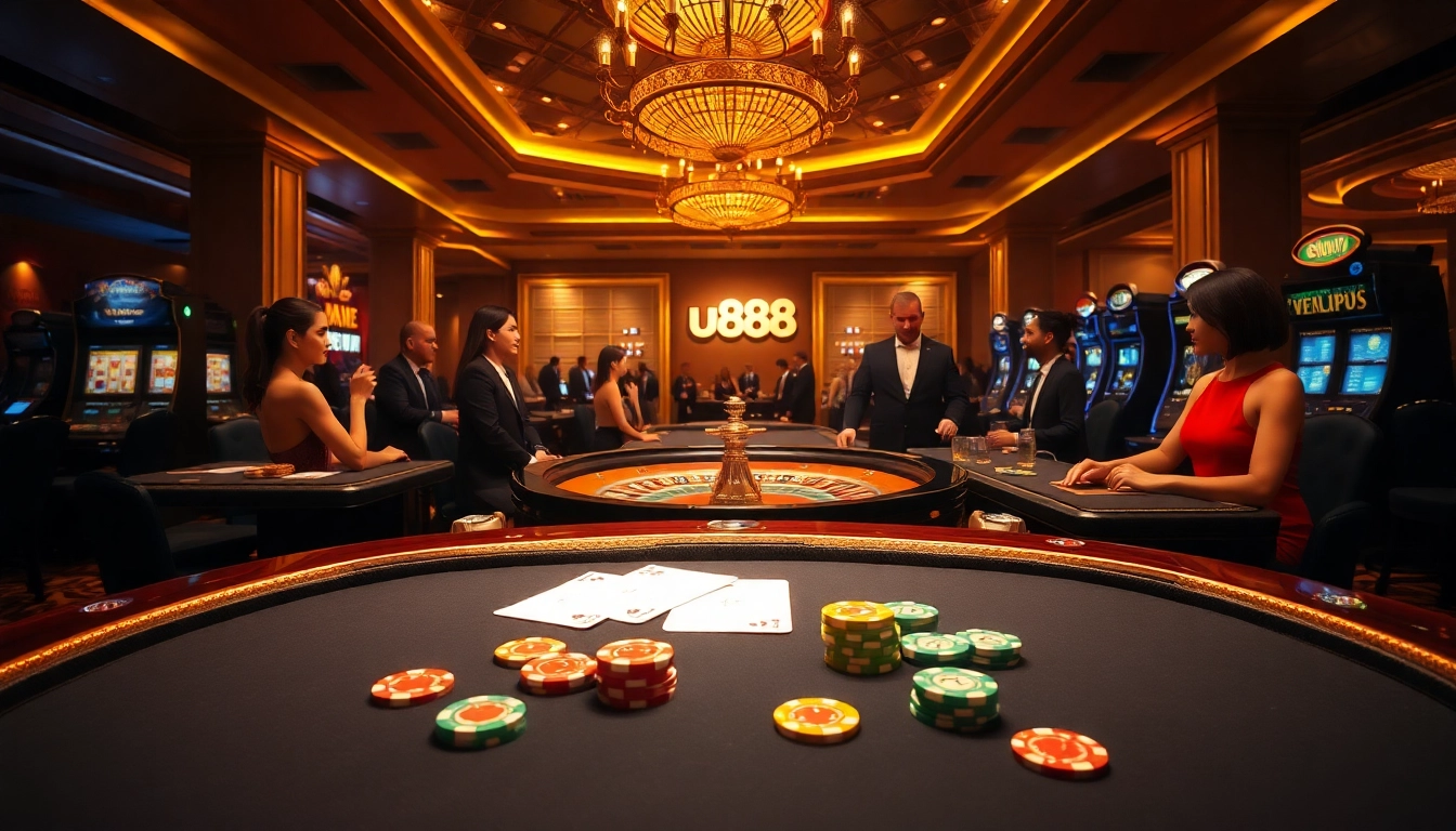 Players engaging in thrilling casino games at u888, surrounded by a luxurious atmosphere.