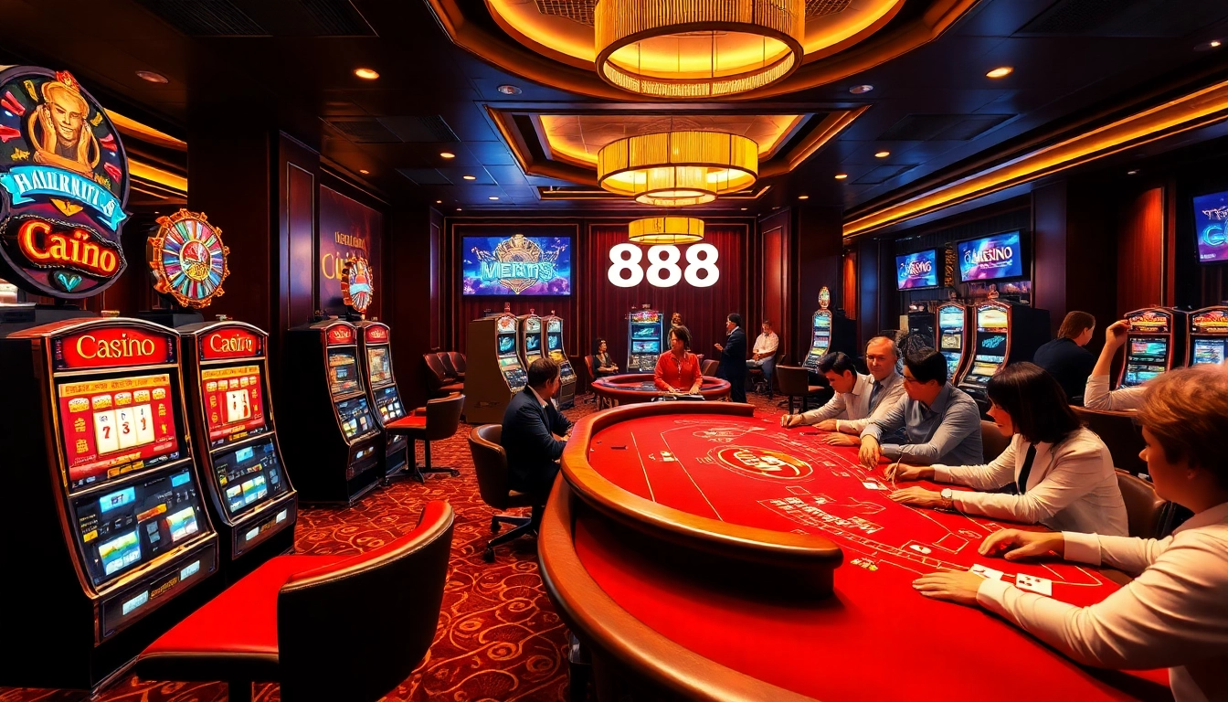 Exciting gambling scene at U888 page featuring luxury tables, engaging players, and vivid slots.