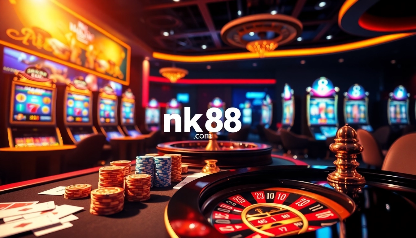 Exciting online gambling experience at nk88.com featuring casino tables and vibrant betting scenes.