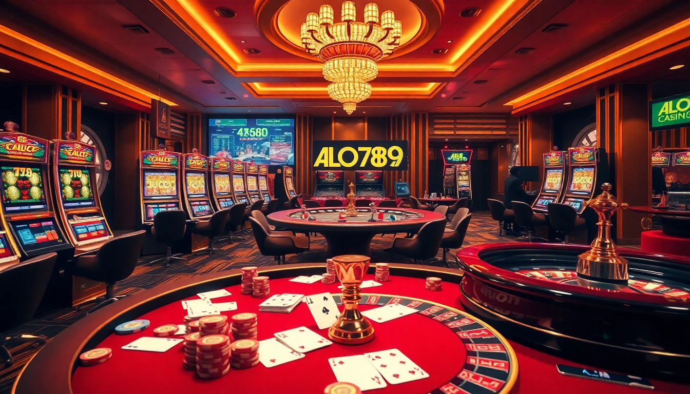 ALO789 online betting excitement with luxurious casino tables and vibrant gaming interface.