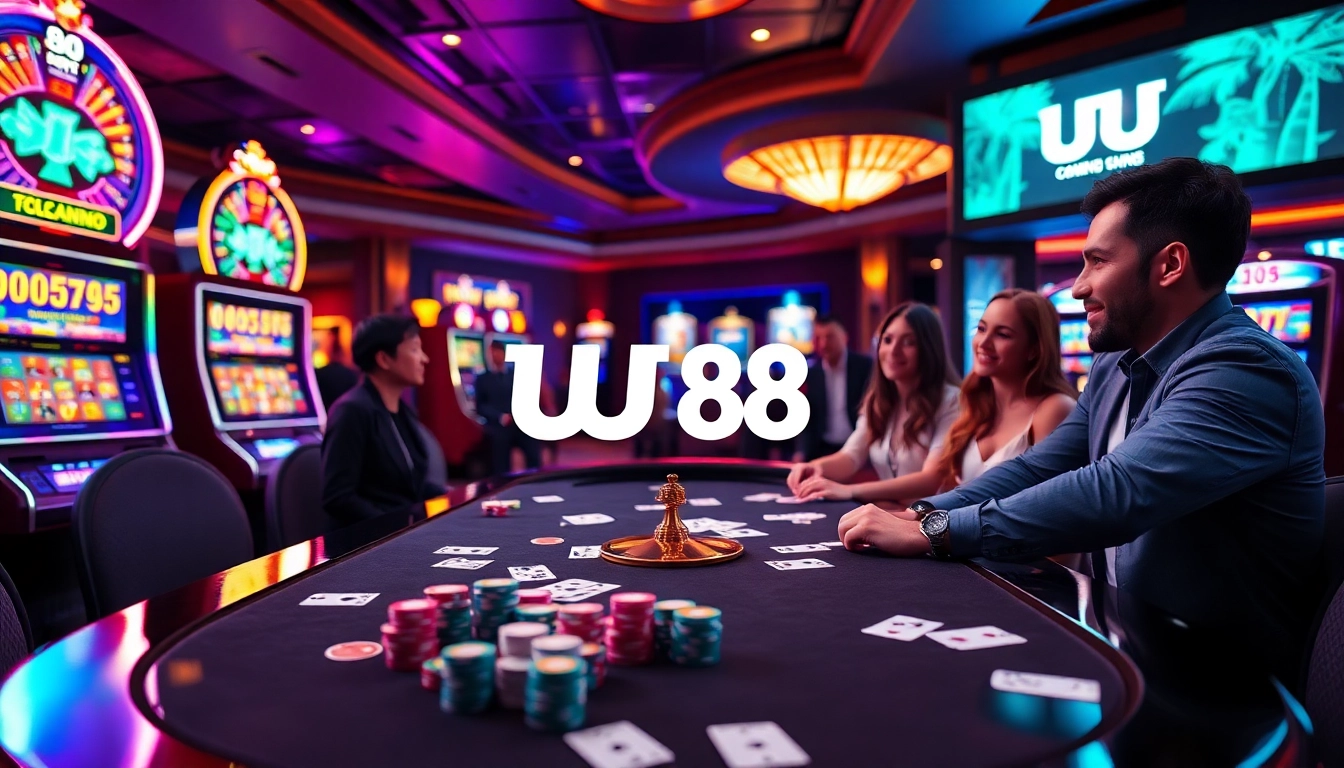 Experience the thrill of UU 88 with a vibrant casino atmosphere filled with gaming tables and players.