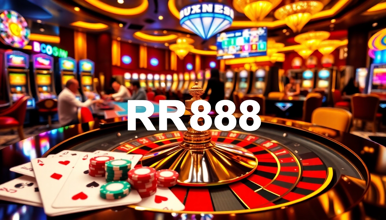 Exciting RR88 casino scene featuring roulette action, poker chips, and vibrant slot machines.