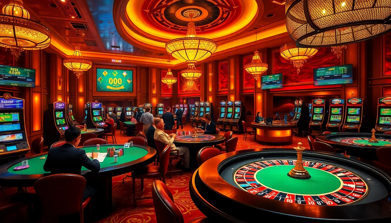 Experience the thrill of cm88 at a luxury casino, showcasing slot machines and poker games.