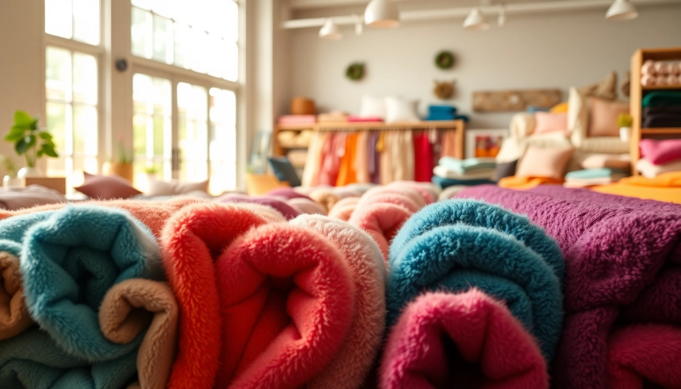 Fleece stof kopen: Kleurige fleece stof rollen georganiseerd in een rustige stoffenwinkel.