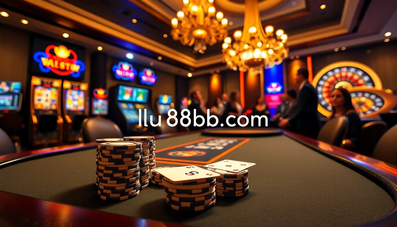 Experience the excitement of gambling at lu88bb.com with vibrant casino elements like poker chips and roulette wheels.