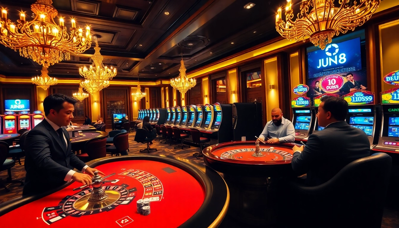 Players enjoying blackjack at Nhà cái Jun88's glamorously designed casino.