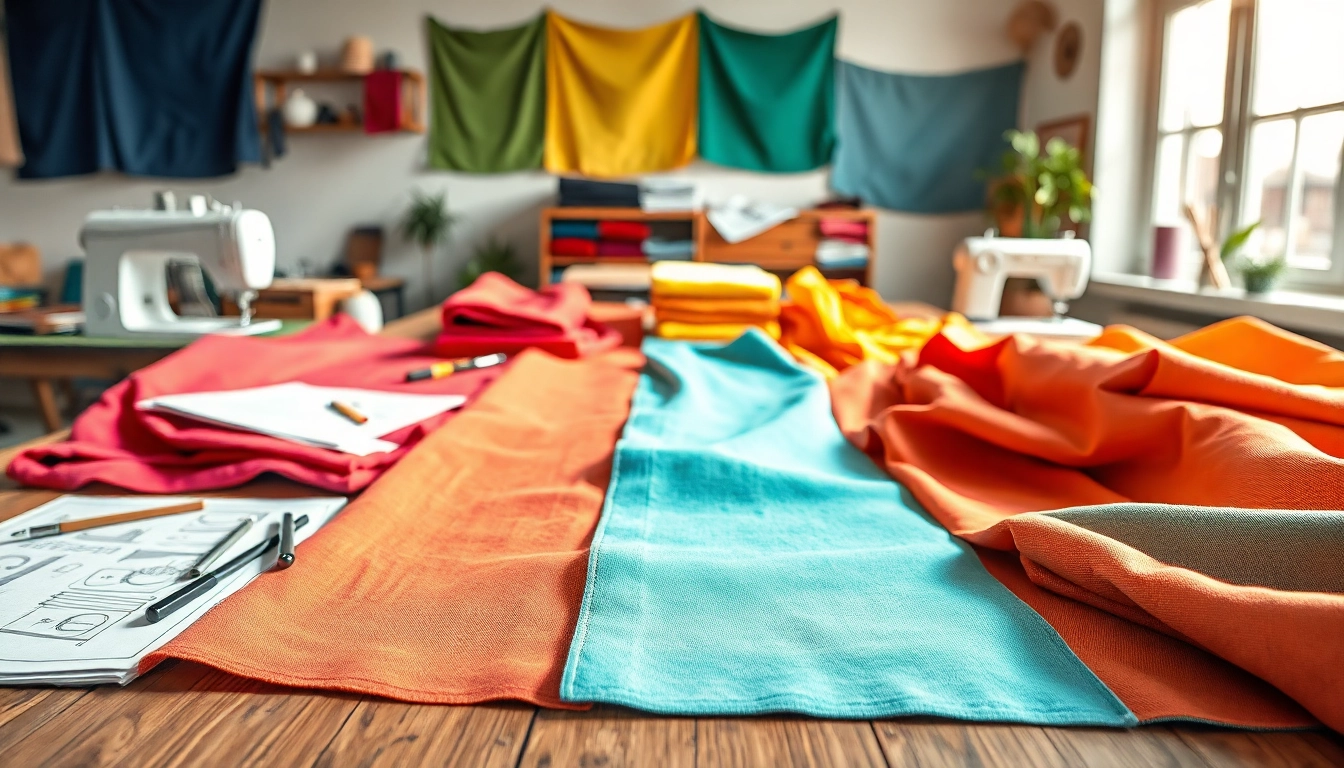 Canvas stof per meter op een houten tafel, omringd door naaigerei en schetsen.