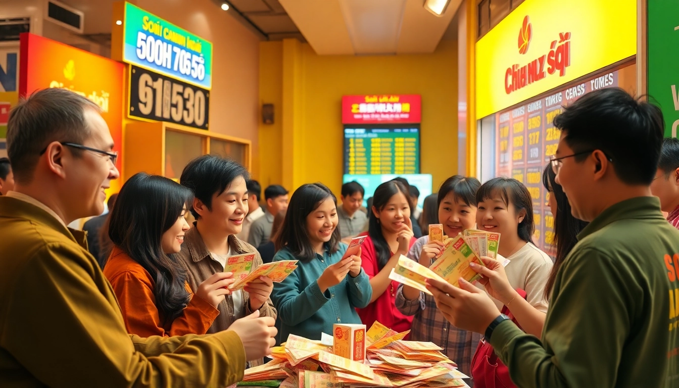 Soi cầu xổ số scene with lottery players excitedly checking their tickets.