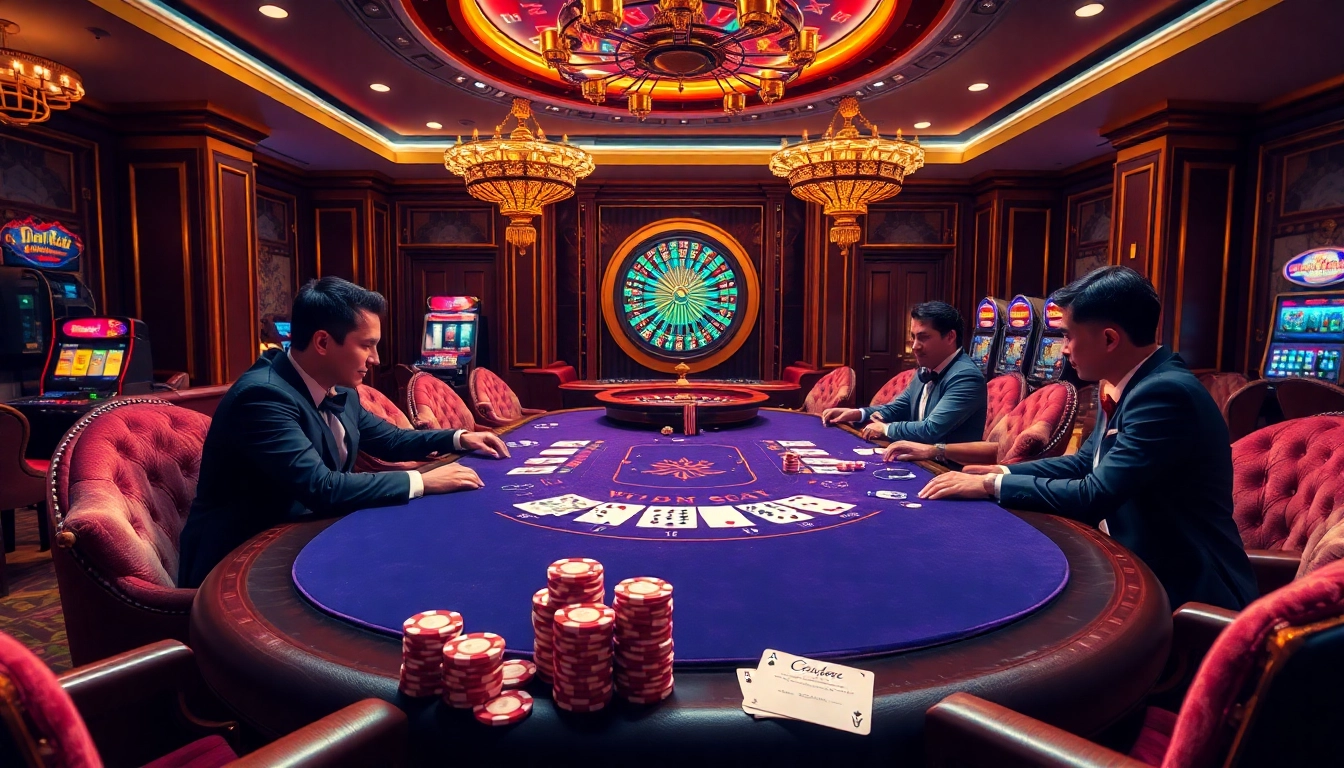 Sky88 casino scene featuring poker players and a spinning roulette wheel for an exciting gambling experience.