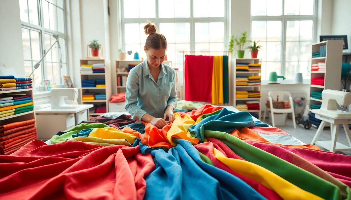 Stoffen online: Creatieve designer werkt met kleurrijke stoffen in een inspirerende atelieromgeving.