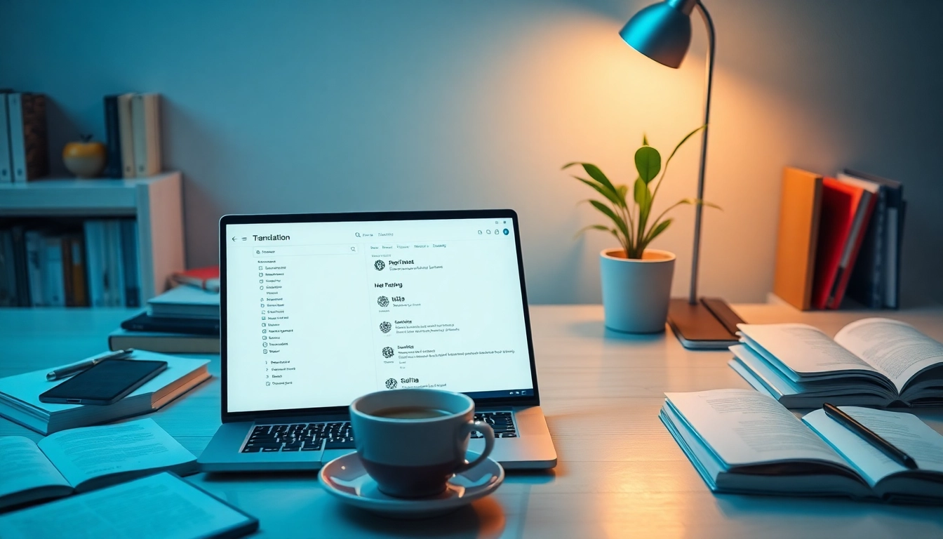 Engaging workspace featuring 有道 digital translation tools with modern tech elements.