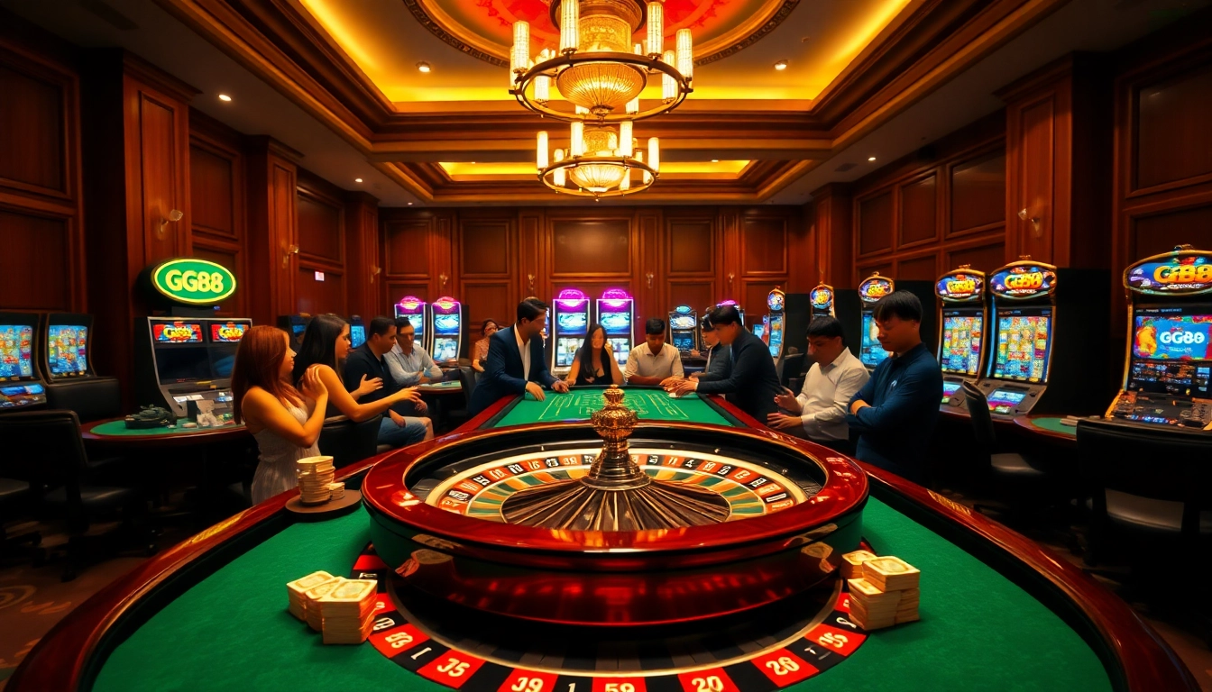 Experience excitement at GG88 casino with vibrant roulette wheel and eager players.