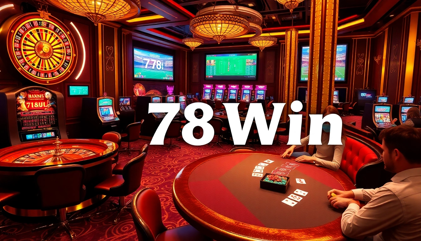 Experience thrilling gameplay at 78 Win's luxurious casino, featuring vibrant tables and exciting slot machines.