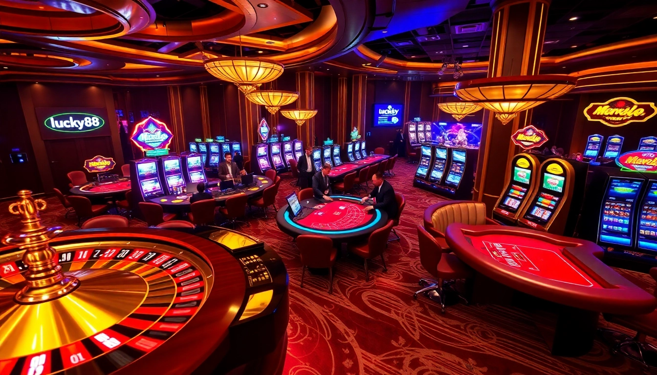 Players enjoying thrilling games at lucky88 casino, featuring vibrant slot machines and roulette tables.