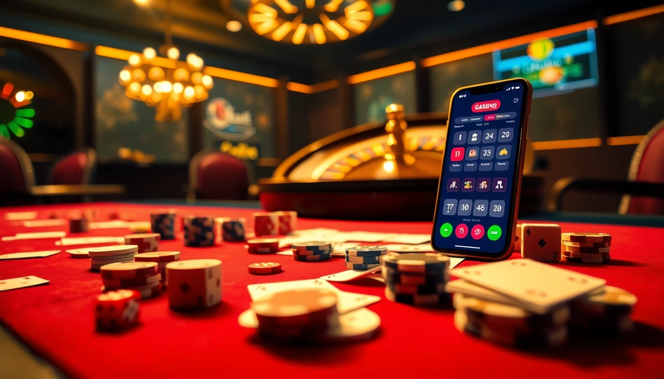 Excited players engaging in a game bài at a luxurious casino table filled with cards and chips.