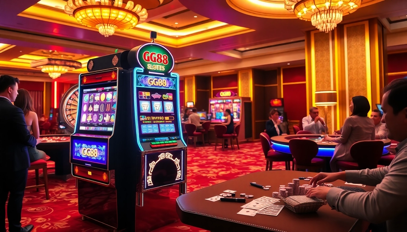 Exciting scene of a GG88 slot machine surrounded by glamorous players at a luxurious casino.
