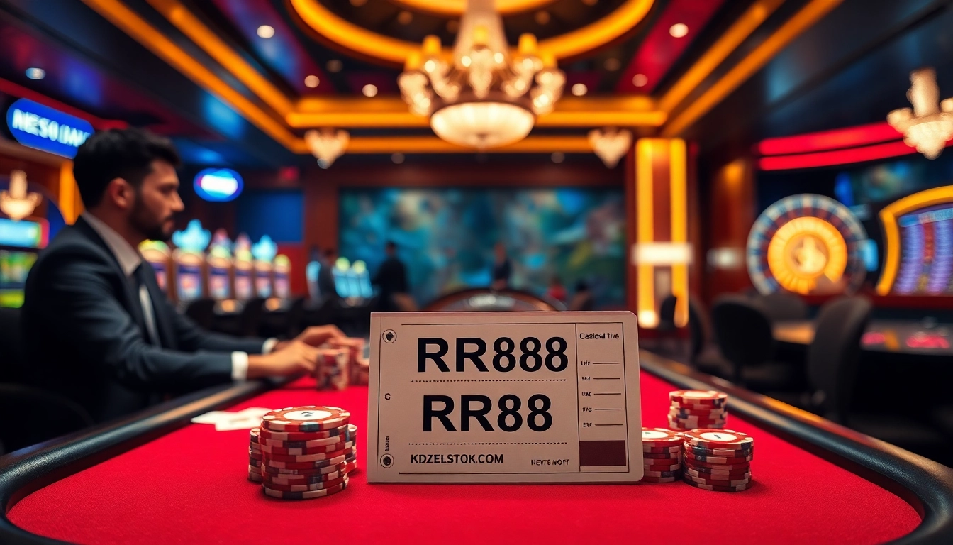 Exciting poker game at RR88 featuring lavish casino elements and intense player focus.