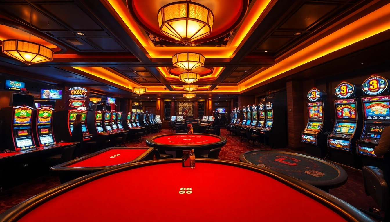 Vibrant gaming floor at 88CLB showcasing high-stakes poker and luxurious slot machines.