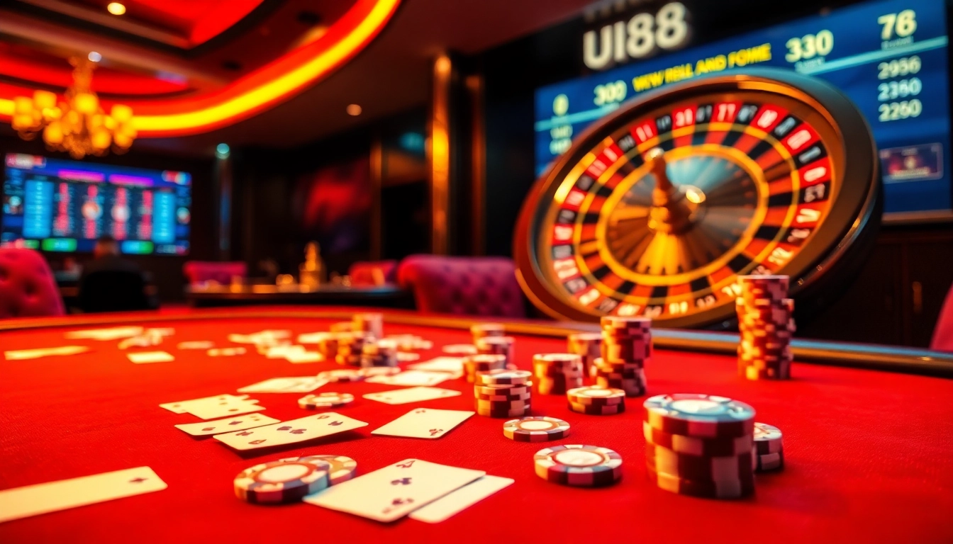 Engaging online gambling scene at uu88 casino, showcasing vibrant gameplay with poker chips and roulette.