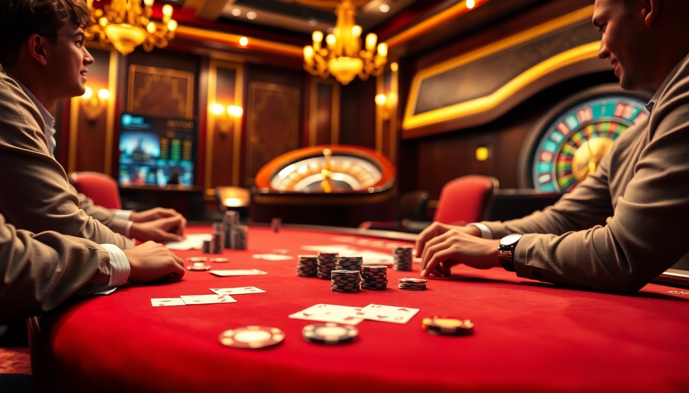 Engaged players enjoy a thrilling poker game at da88st.com, surrounded by luxury casino elements.