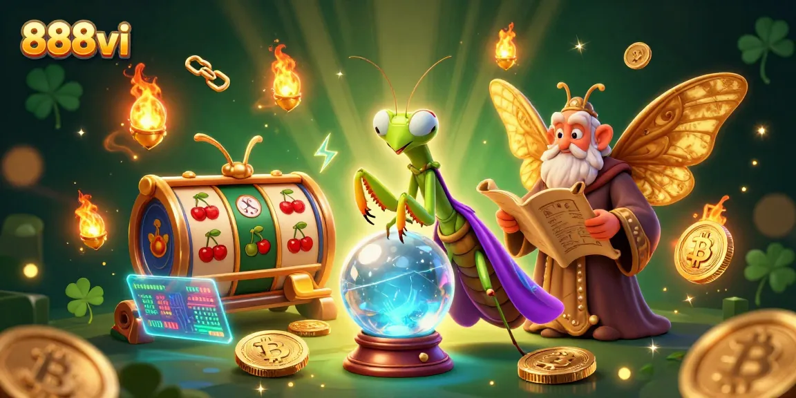 Engage with 888vi's vibrant slot experience featuring a mystical mantis and moth fortune teller.