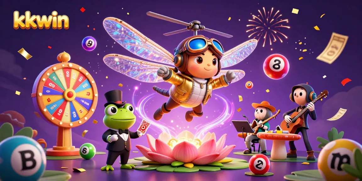 kkwin promotions flourish amidst lively 3D gaming scene featuring a dragonfly pilot and frog croupier