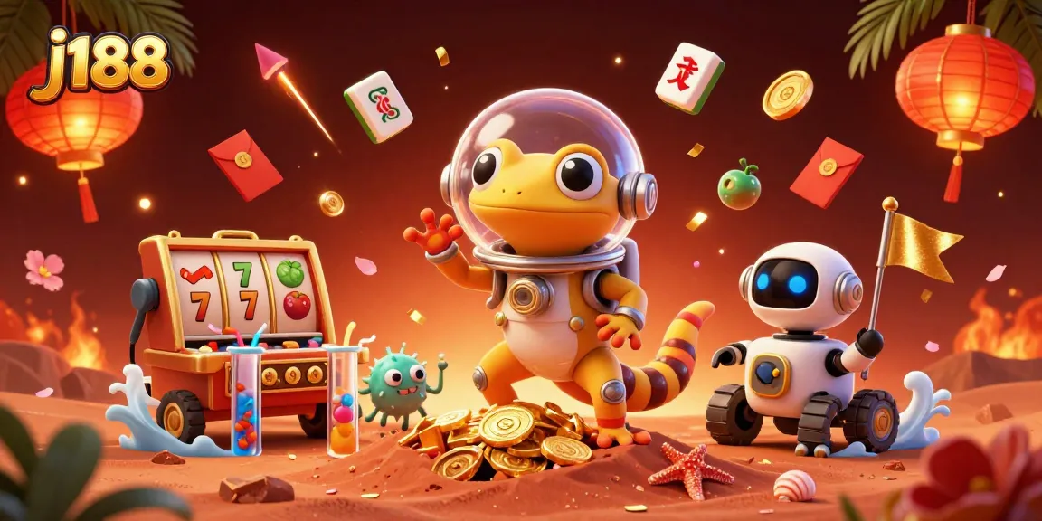 Engage in j188 slot gaming adventures with a Martian gecko amidst vibrant casino treasures