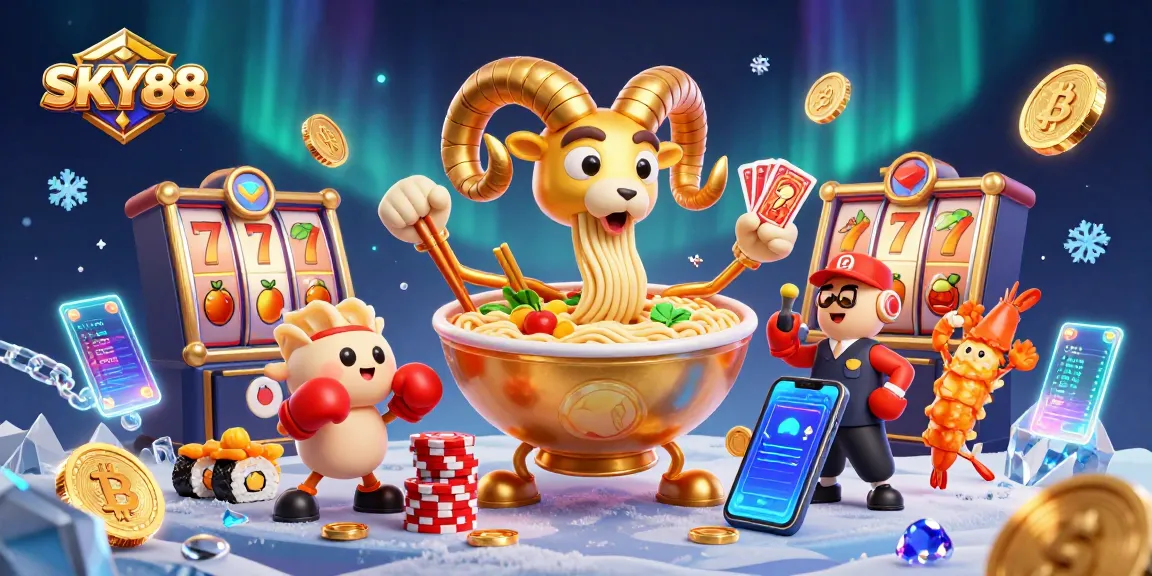 SKY88 Casino promotional art featuring a vibrant 3D scene with a golden ramen bowl dealer and slot reels.