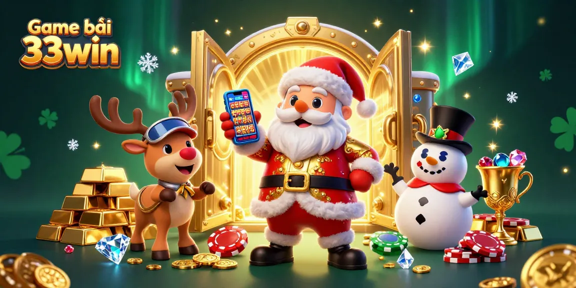 Win big with Game bài 33win in a vibrant casino scene featuring Santa and festive characters.