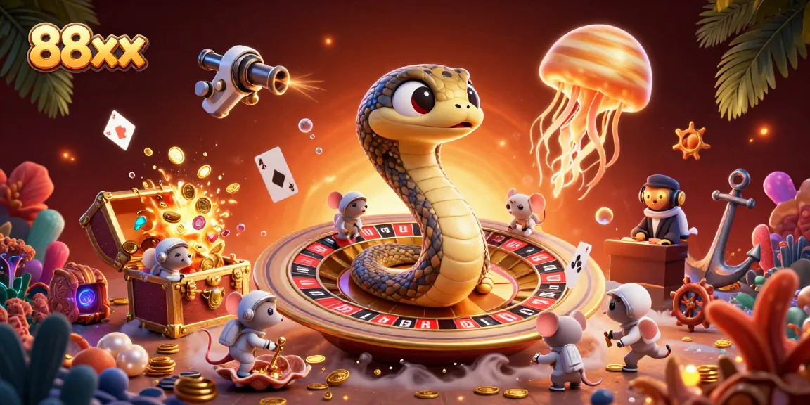 Engage in dynamic activities at 88xx, with astronaut mice betting on a roulette wheel while a cosmic dealer oversees the game.