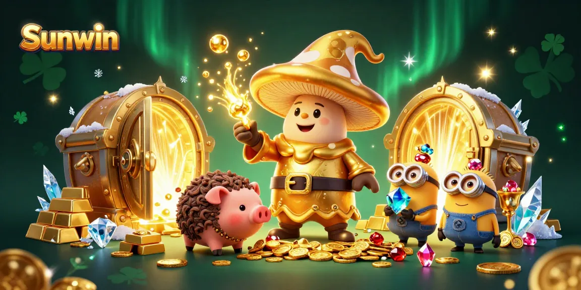 Sunwin elevates your game with a whimsical scene of treasures and luck showcasing rich casino elements.