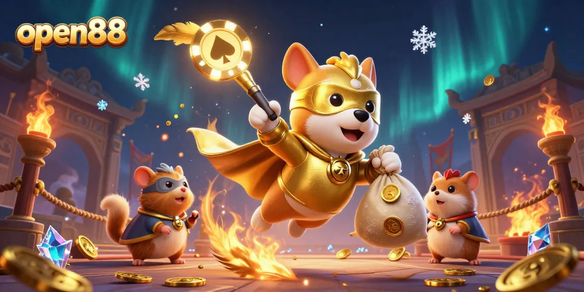 open88 promotes winning strategies with a playful illustration featuring a superhero dog and hamster amidst gold coins.