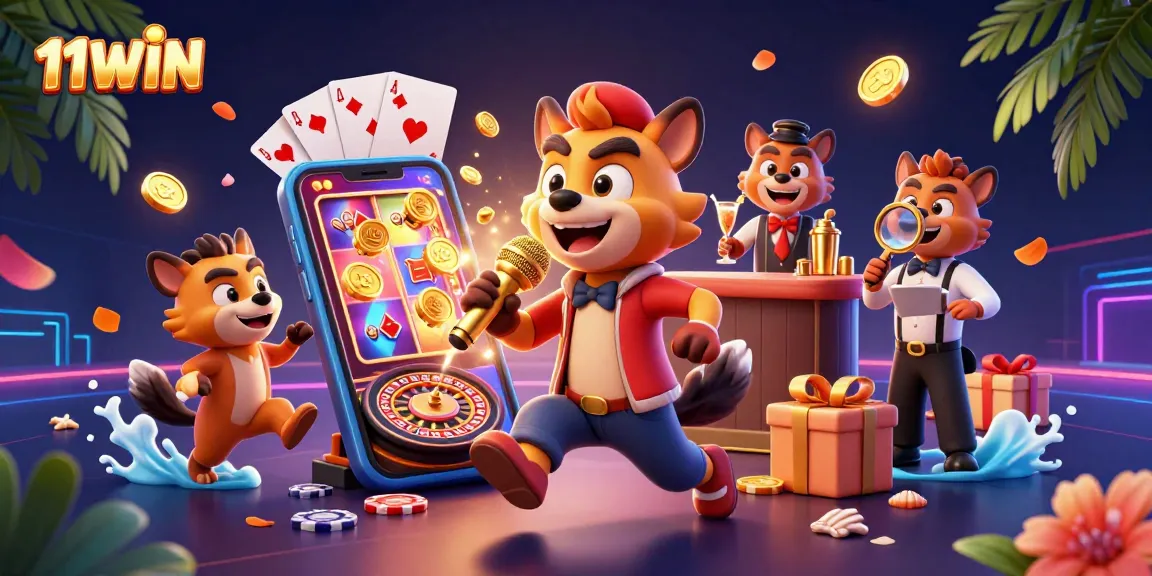 Engage in lively fun with 11WIN's cartoon hyenas in a vibrant casino scene filled with slots.