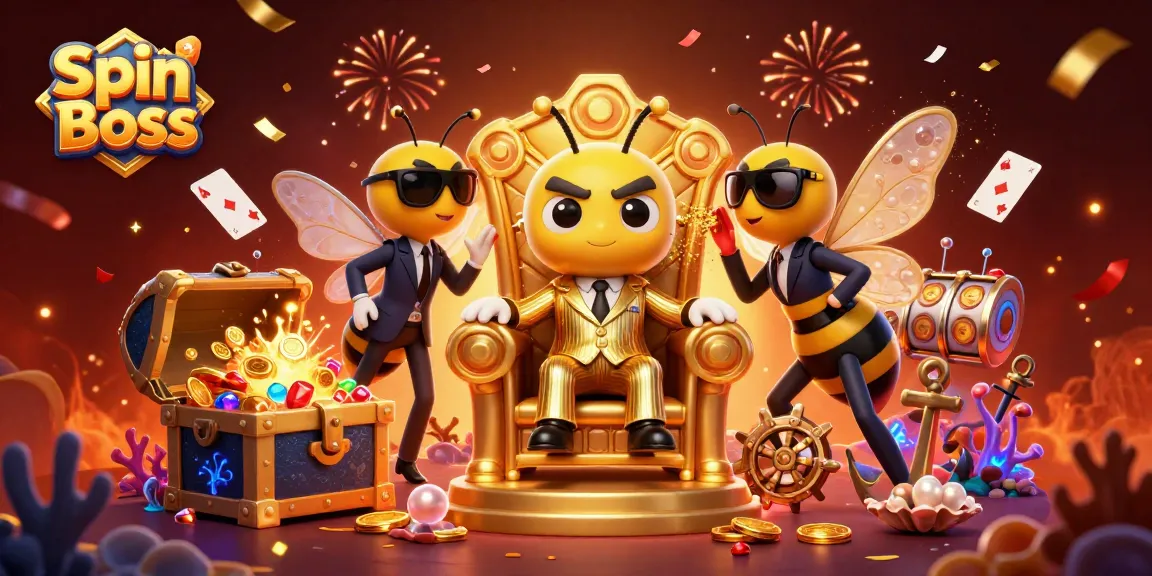 Spin Boss mob boss and wasp bodyguards in a 3D casino scene, surrounded by casino treasures.