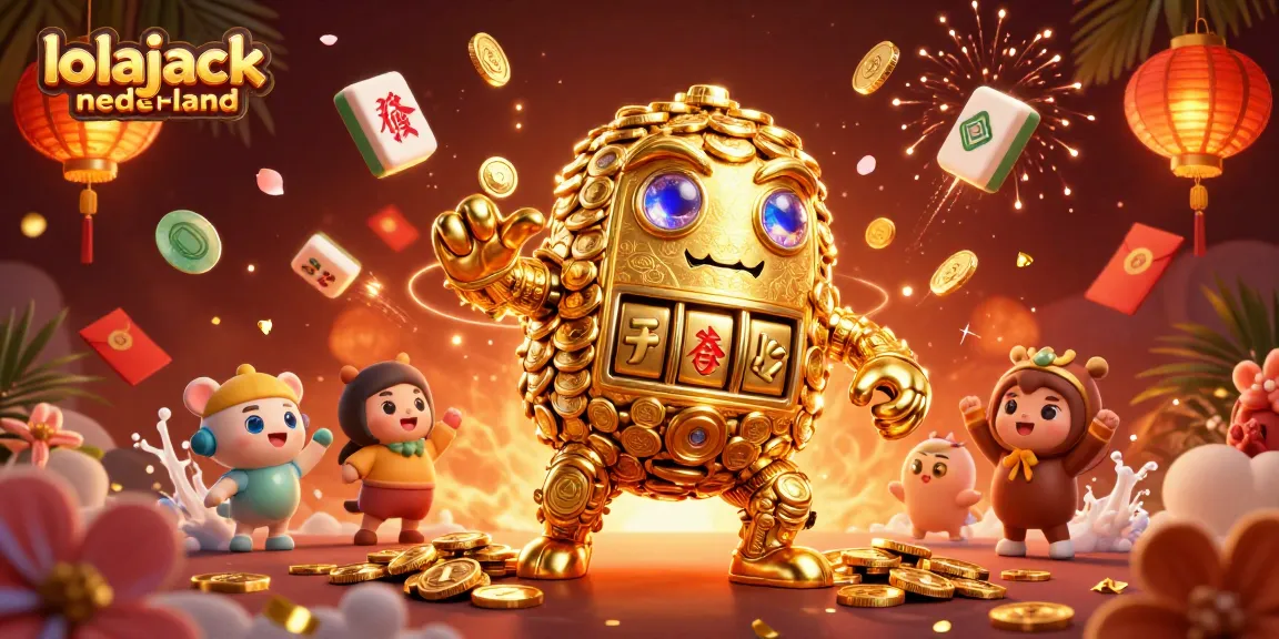 Experience lolajack-nederland with a dynamic golden golem and vibrant casino elements in this engaging illustration.